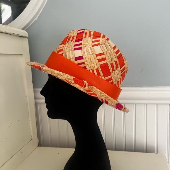 Jonathan Adler Straw Ribbon Orange and Pink Fedora Hat - Picture 3 of 10